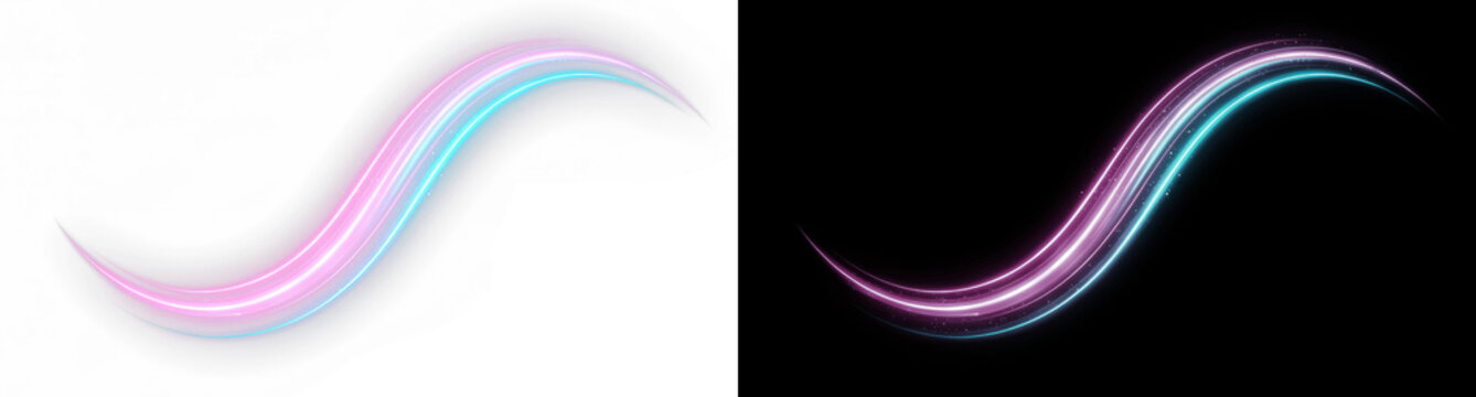 Neon light trail with glowing pink and blue wavy motion lines, abstract lens flare effect on transparent background, digital art element for tech branding, modern UI design, and futuristic motion