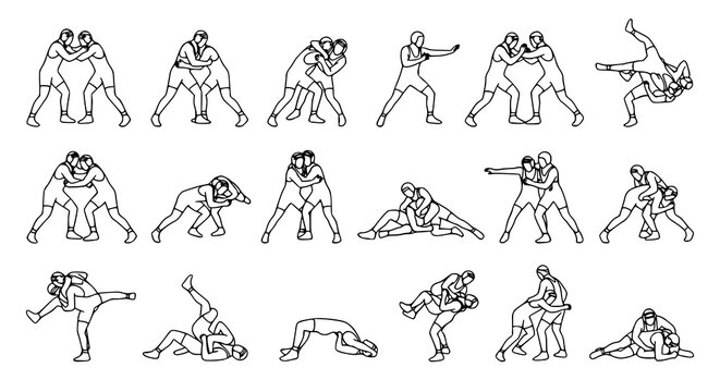 Dynamic Greco Roman wrestler fighting poses black and white line art vector collection for sports competition
