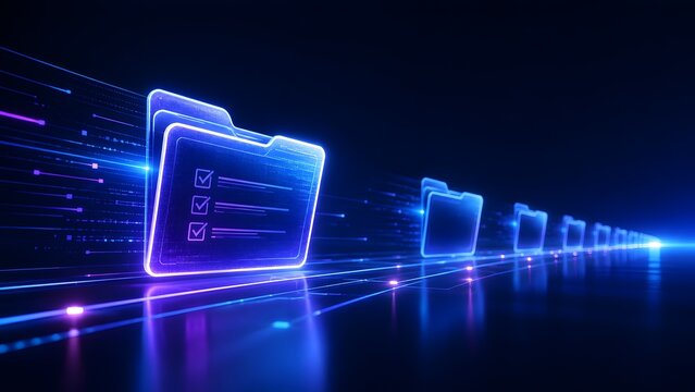 Glowing digital folders with checkmark task lists on a futuristic high speed data network floor