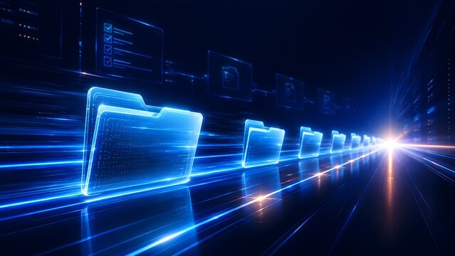 High speed digital file transfer concept with glowing blue folders moving on a futuristic network