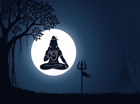 illustration of Lord Shiva meditation pose on full moon light.