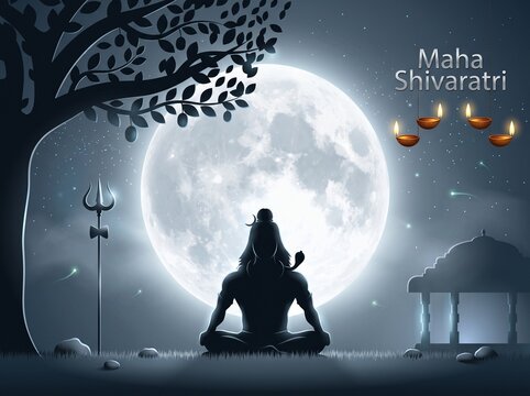 illustration of Lord Shiva meditation pose on full moon light.