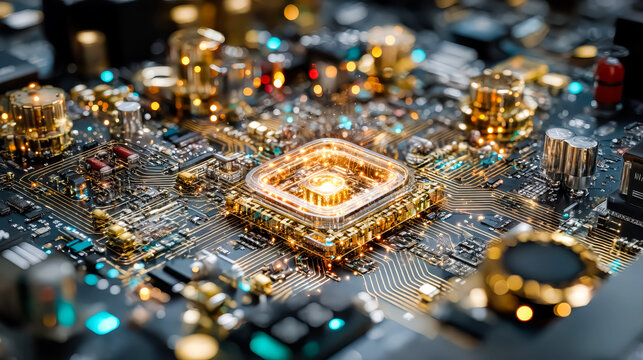 Close-up of integrated circuit with golden contacts and electronic components.