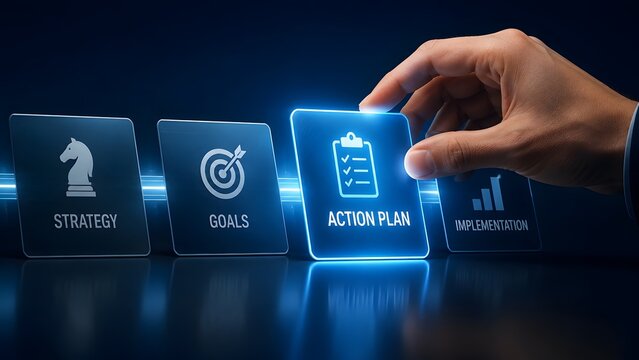 Businessman Hand Selecting Glowing Action Plan Glass Panel In Strategic Business Management Process Sequence
