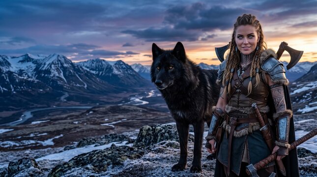 Viking woman warrior with black wolf standing in snowy mountain landscape at sunset