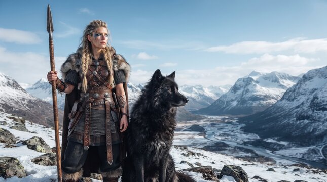Viking woman warrior with spear and wolf in snowy mountain landscape