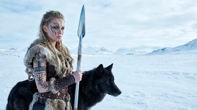 Viking woman warrior with spear and black wolf in a snowy winter landscape.