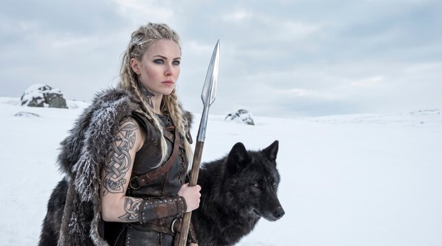 Viking woman warrior with spear and black wolf in a snowy winter landscape.