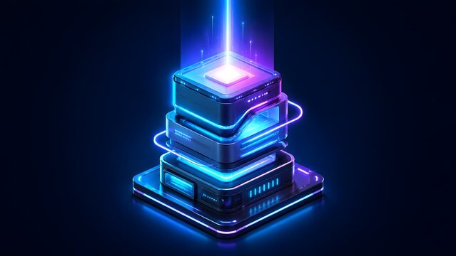 Advanced Futuristic Server Core Emitting Glowing Light Beam In Cyber Data Processing Concept