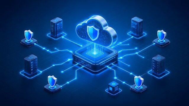 Futuristic Cloud Computing Security Network With Glowing Data Servers And Protective Cyber Shields