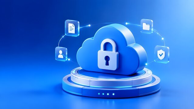 Secure 3D Cloud Storage Concept With Padlock And Floating Data Management Icons On Blue Background
