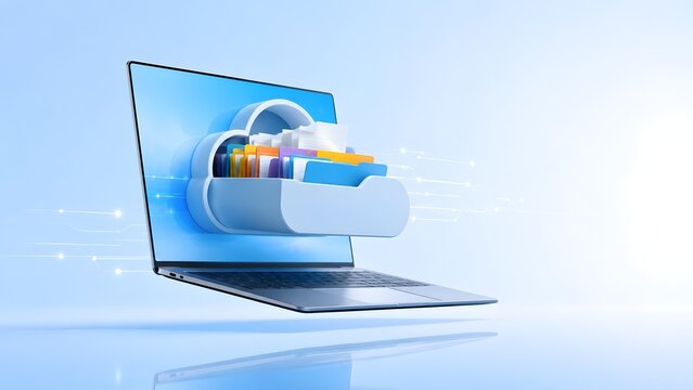 3D Cloud Storage Concept Showing Colorful Folders And Documents Emerging From Hovering Laptop Screen