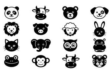 Fototapeta premium Set of cute black animal face vector icons isolated on a clean white background, featuring panda, cow, bear, dog, lion, pig, sheep, rabbit, cat, elephant, owl, hippo, frog, monkey, and tiger.