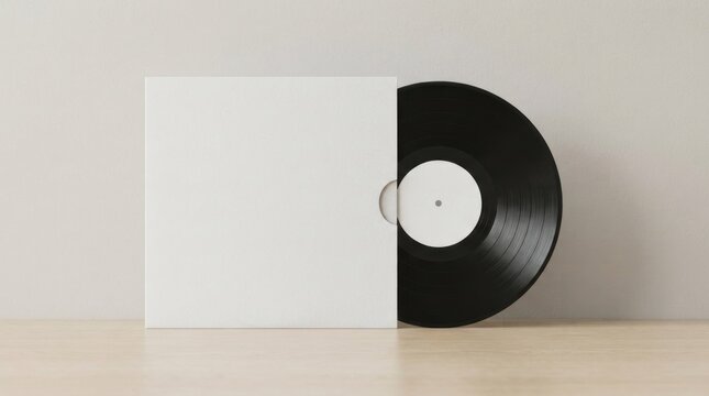 Black vinyl record with blank white sleeve on wood.