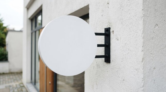 Blank circular shop sign outside a modern storefront.