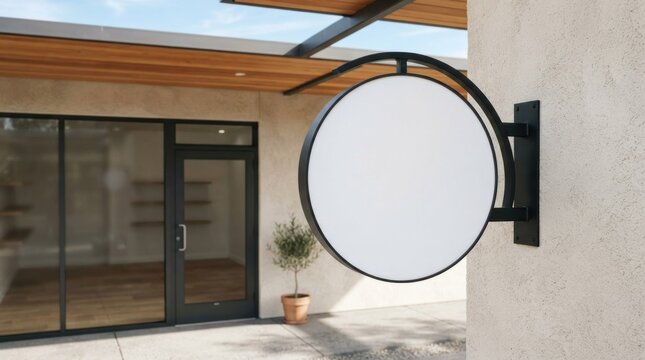 Blank circular shop sign mockup on modern building wall.