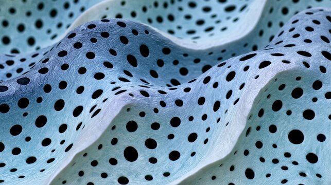 Abstract light blue organic wavy surface with circular black perforations and holes, soft textured biomorphic form, close-up 3D CGI