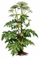 Fototapeta premium Tall flowering hogweed plant with large green leaves and white blooms isolated on white
