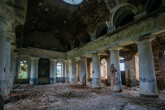 Interior of old ruined palace or temple with columns