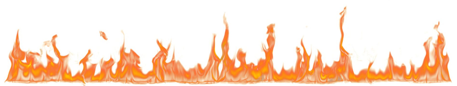 Real fire flames border isolated on transparent background, panoramic flame line png overlay