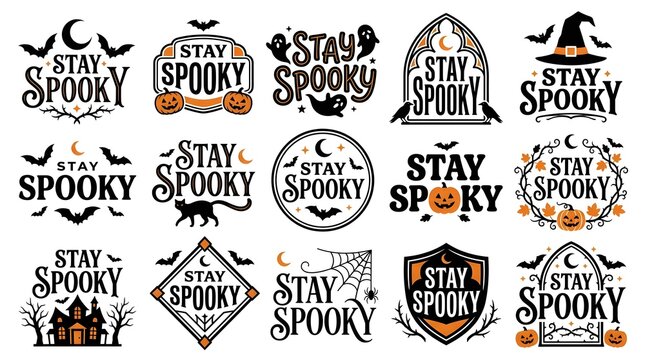 Collection of fifteen decorative halloween themed stay spooky typography designs with festive spooky elements for seasonal holiday projects