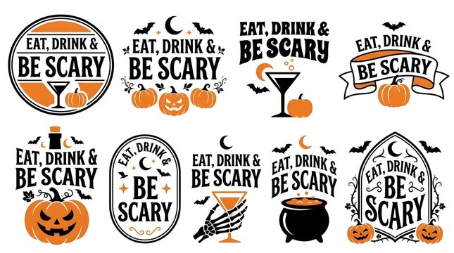 Set of halloween themed eat drink and be scary typography designs with pumpkins bats and spooky elements