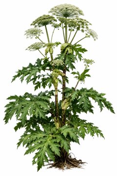 Tall flowering hogweed plant with large green leaves and white blooms isolated on white