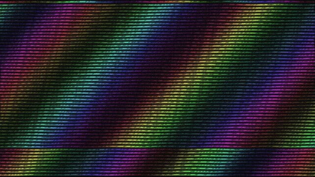 Abstract digital glitch pattern with RGB scanlines vibrant neon lighting dark iridescent colors and futuristic retro mood