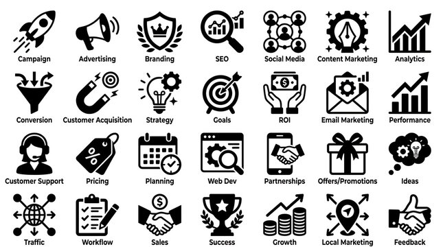 Business icons in a bold black vector style present various digital marketing, campaign strategy, and analytics concepts.