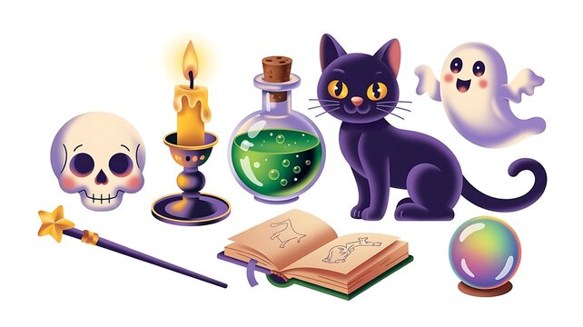 Set of cute halloween magic items with cat skull ghost and potion