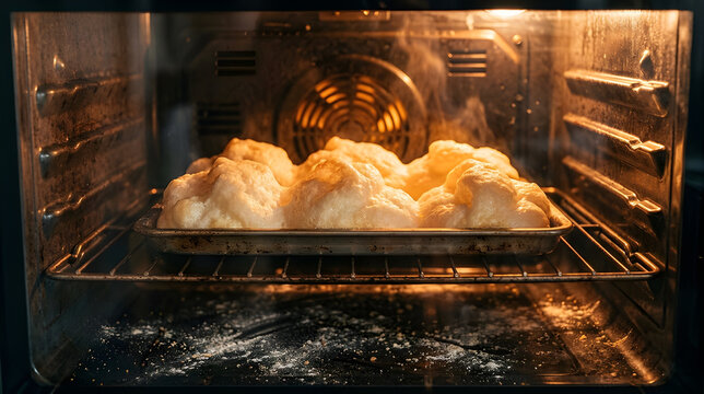 Photorealistic surreal illustration of soft, fluffy cumulus clouds baking inside a dynamic oven on a wire rack, reflecting baking magic and imagination
