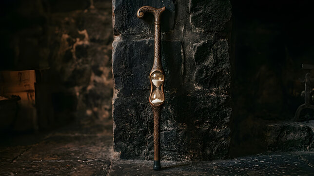 Macro surreal illustration of an elderly person's wooden walking cane seamlessly morphing into a flowing sand hourglass at the base, representing the inevitable passage of time and aging population.