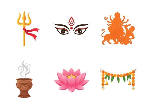 Colorful icons representing Hindu deities and traditional symbols isolated on transparent background