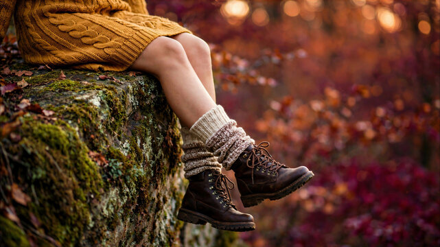 Woman in mustard yellow knit dress and leather boots sitting on mossy rock during autumn