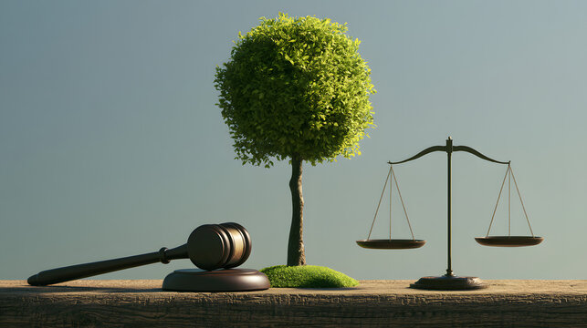 Environmental law is symbolized by a tree and gavel as generative AI seeks to balance nature and justice