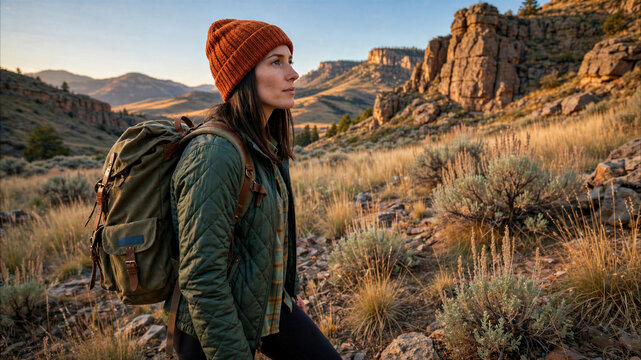 Woman hiker with backpack and orange beanie exploring rugged mountain trails during golden hour