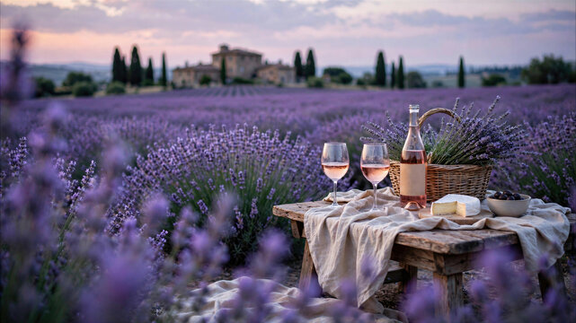 Rustic picnic at sunset in a lavender field with ros&eacute; wine, cheese, and a Mediterranean villa background.