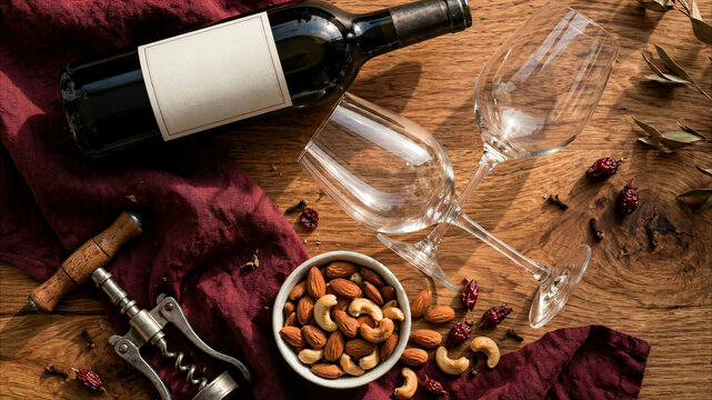 Red Wine Bottle with Two Empty Glasses and Bowl of Mixed Nuts on Rustic Wooden Table