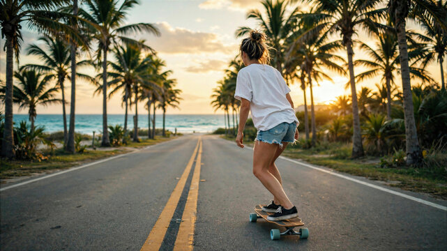 Young woman longboarding on a tropical palm tree lined road at sunset near the ocean