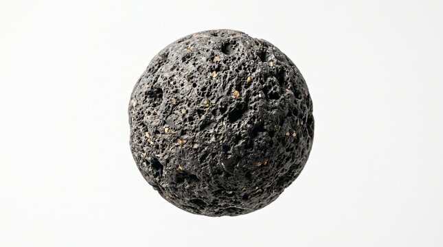 volcanic stone sphere static neutral white background natural rugged frontal view.