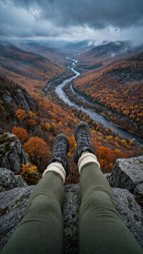 POV of hiker sitting on a rocky cliff edge overlooking a winding river and vibrant autumn forest valley under a cloudy sky.