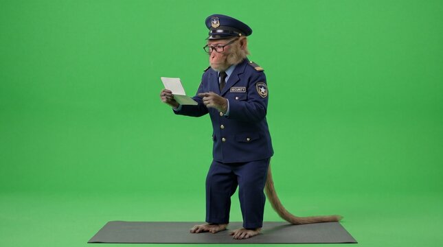 Realistic monkey greenscreen footage of monkey acting as an airport security officer in professional uniform, checking an invisible pass and travel documents for inspection.