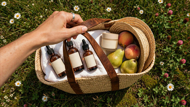 Woman's hand holding a wicker basket filled with natural skincare products, amber dropper bottles, organic fruits, and a towel in a sunny wildflower meadow.