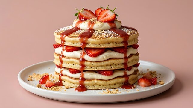 Tall stack of pancakes with cream and strawberries
