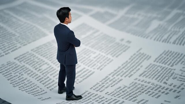 巨大な英文書類の上で男性ビジネスマンが腕を組み契約内容を慎重に検討する