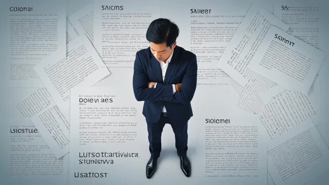 契約書の上に立つ男性ビジネスマンが腕を組み法務判断を慎重に考える