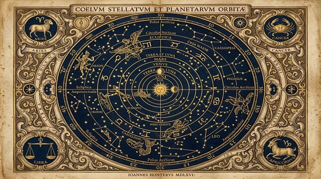 Vintage celestial map with zodiac signs and orbits.