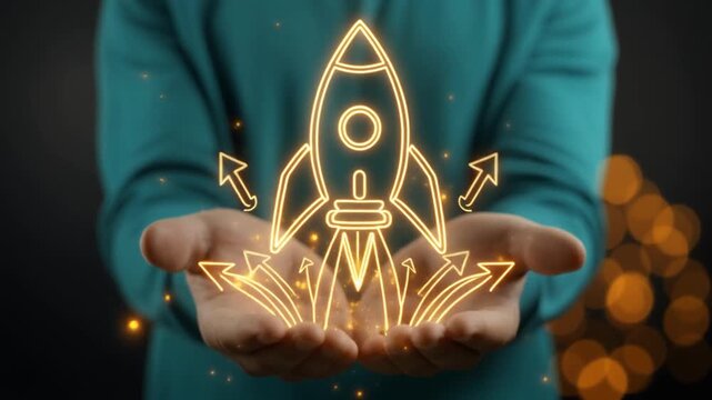 人物の両手から金色の発光ロケットが浮かび矢印と光粒子に囲まれて上昇する