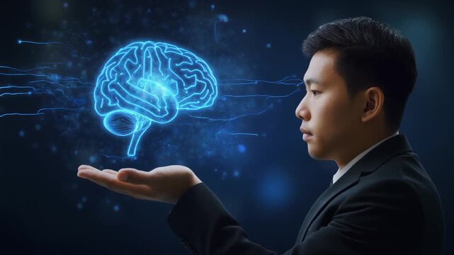 黒いスーツ姿の男性が開いた手に青白く強く輝く脳型ホログラムを浮かべる