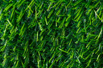 Obraz premium Lush synthetic grass stretches across the floor of a sunny garden, its vivid green hues glistening in the light. The blades sway gently, offering a lively and fresh appearance, perfect for an inviting